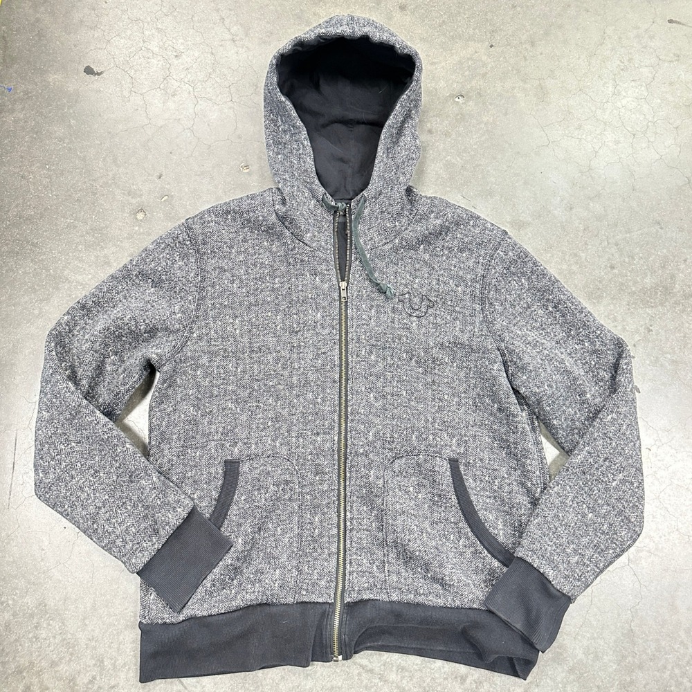 True Religion Mens Large Gray Herringbone Tweed Knit Full Zip Hoodie Horseshoe